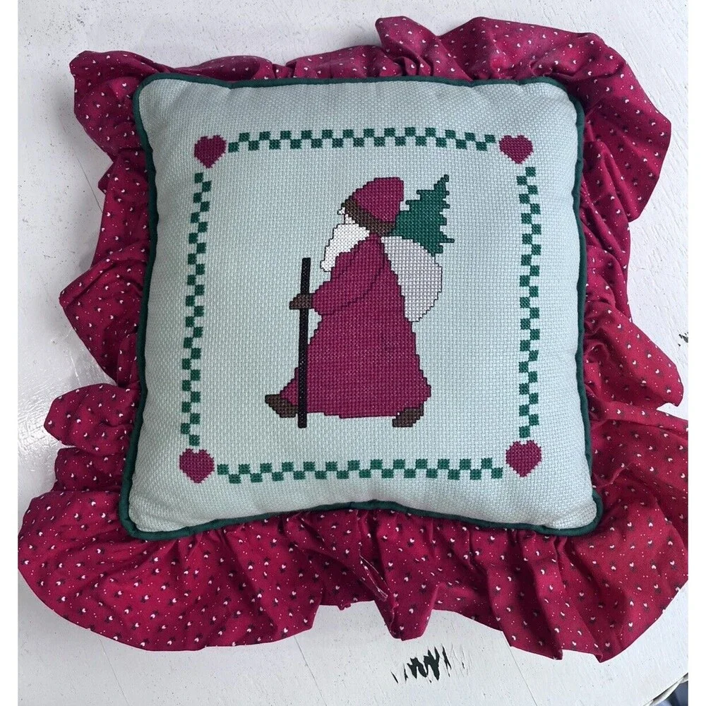 Vtg Handmade Needlepoint Santa Holiday Christmas Pillow Red Green Homespun Heart